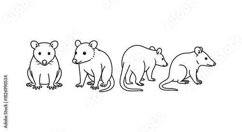 Cute mouse line art in various poses on white background