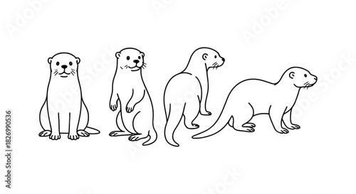 Cute otters in various poses: minimalistic black and white line art