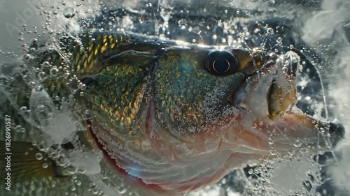 Close Up of Bass Fish Frozen in Clear Ice Block with Water Droplets and Light Reflections Under Bright Lighting