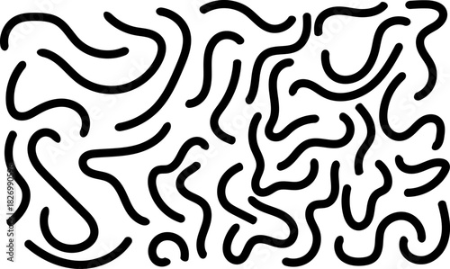 Abstract black and white squiggly line pattern featuring scattered curved doodles and random organic shapes on a white background.