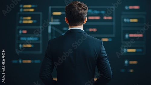 Businessman Analyzing Data Displayed on Digital Screen