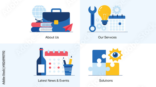 Business Website Section Icons About Us Our Services Latest News Events Solutions Flat Design vector