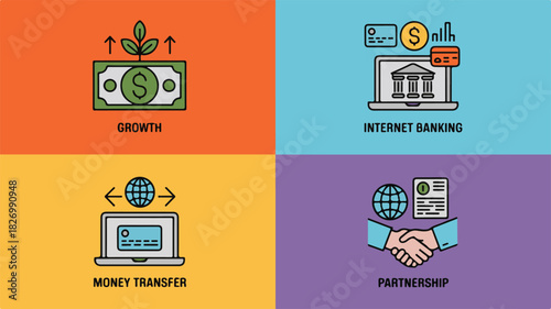 Financial Business Icons Growth Internet Banking Money Transfer Partnership With Outline Style vector