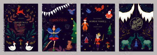 Whimsical Christmas vector templates. Winter Holiday cards with Christmas Tree, ballerina, Teddy bear, dove, circus elephants, mouse king, Santa, stars, snowflakes, reindeers, geese and frames.