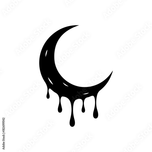 Dark black silhouette of a crescent moon dripping with a macabre liquid or blood, symbolizing night rituals, darkness, or a bleeding celestial body, graphic element on white, vector illustration.