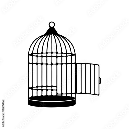 Black silhouette of an empty, vintage birdcage with the door open, symbolizing freedom, release, broken dreams, or a lost soul, isolated graphic element on white, vector illustration.