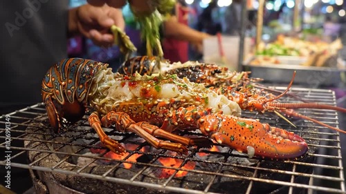 Grilled Lobster Cooking Over Charcoal Embers at Night Market with Dim Lighting and Steam Culinary Cuisine