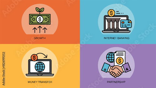 Four financial concepts illustrated with icons including growth internet banking money transfer and partnership Keywords: finance, money, growth, internet banking, online