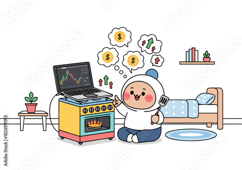 Cute Kid Cooking While Watching Trading Charts Illustration