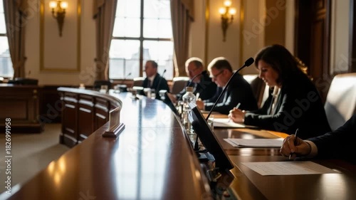 Group of people attending committee meeting. Group of people attending committee meeting, sitting at long conference table, taking notes during a presentation.