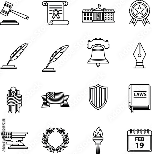 American History Law and Government Line Art Icons Vector Set