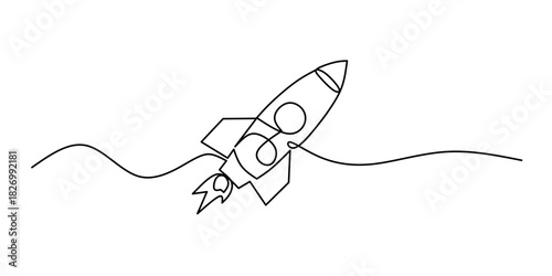 Continuous line drawing of spaceship flying. Single line illustration of rocket spaceship launch, Single line rocket launch drawing