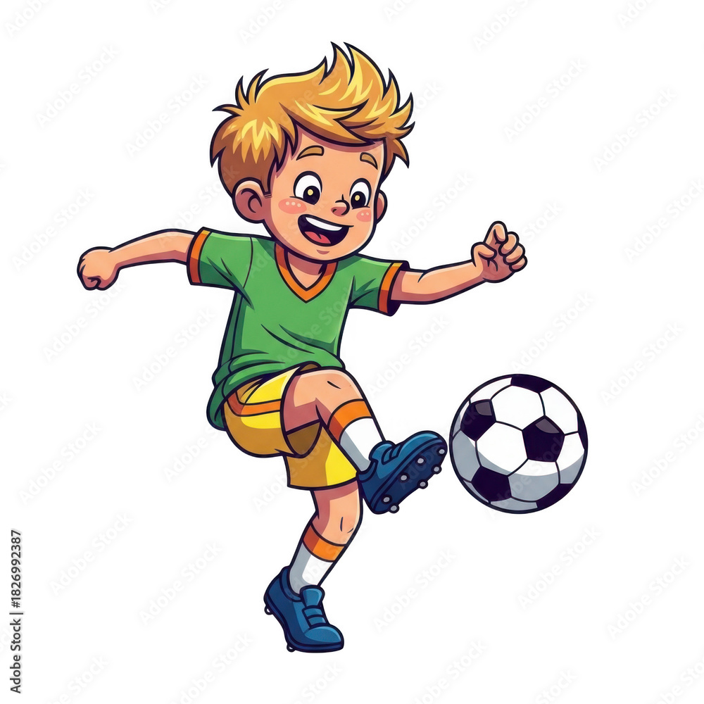Obraz premium Cartoon soccer boy playing football, happy young athlete kicking a ball, little child football player in green jersey and yellow shorts