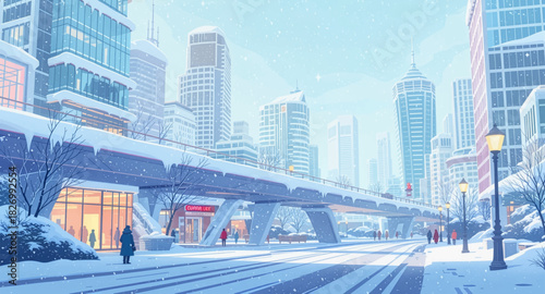 Modern snowy city with elevated walkway. Winter urban skyline with snowy streets. Contemporary cityscape covered in snowfall. Snowy downtown avenue with high-rise towers