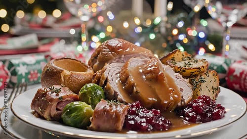 Christmas Festive Feast Golden Turkey Gravy Roasted Potatoes Brussel Sprouts Cranberry Sauce Plate White Tablecloth Holiday String Lights Background
