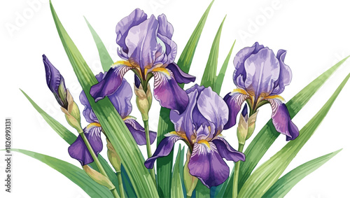 Vibrant purple irises with green leaves, vector illustration of blooming spring flowers.