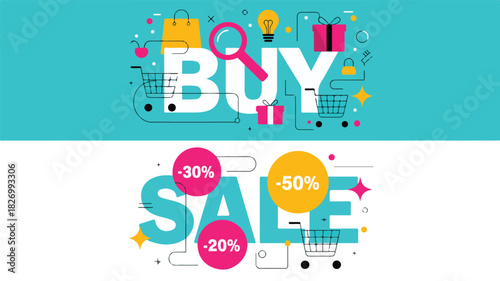 Modern graphic design featuring the word 'Buy' and 'Sale' with percentage discounts; perfect for promotions