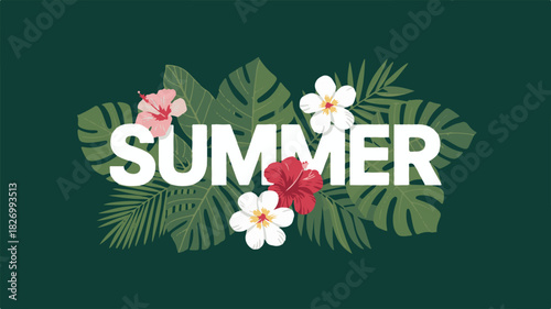 Summer Vibes Modern Graphic Design Poster with Tropical Leaves and Floral Elements on Green