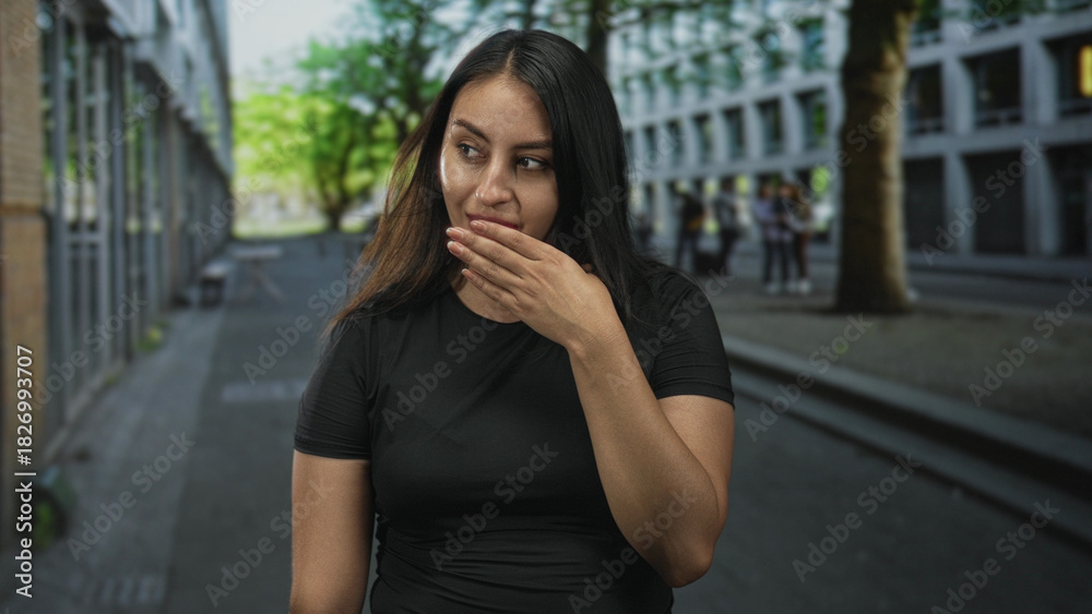 Fototapeta premium Young hispanic woman places hand on chest on city street wearing black tshirt near urban buildings and tree lined pavement; confidence.