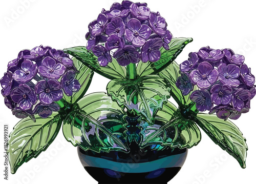 Purple Hydrangea Flower Vector Illustration in a Dark Vase, Glossy Green Leaves, Decorative Floral Art