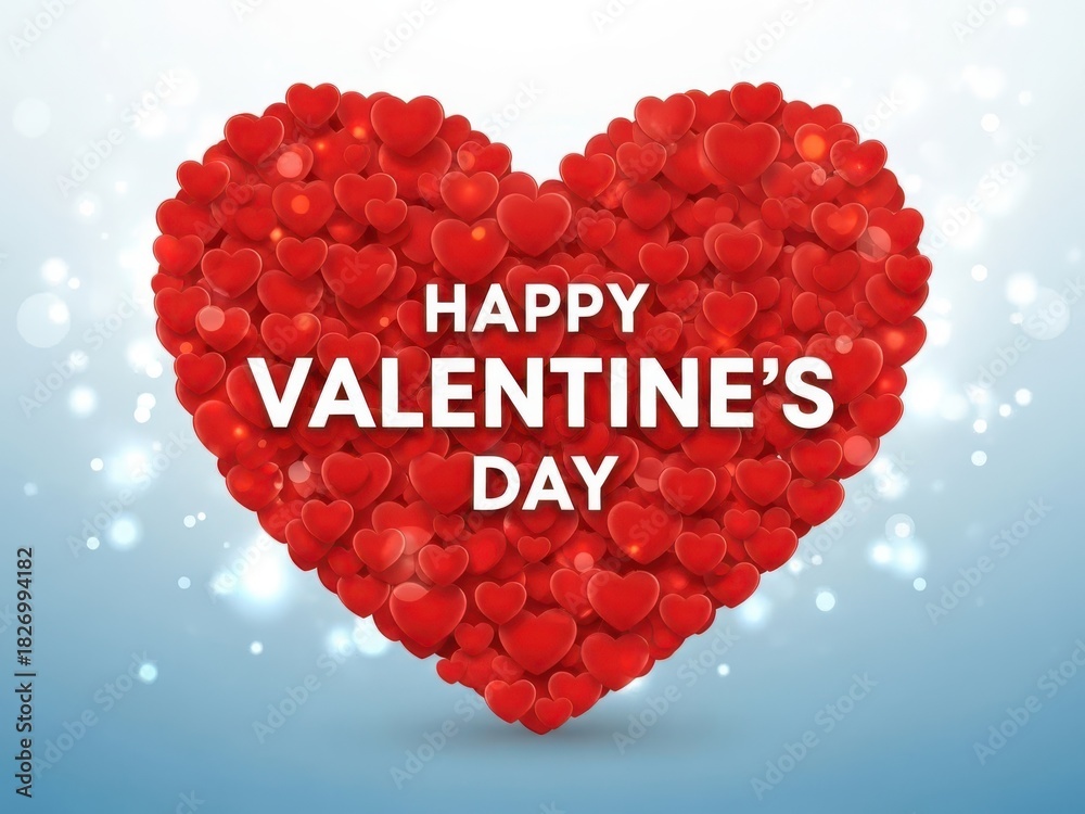 Fototapeta A heart made of small red hearts with happy valentine's day message on it