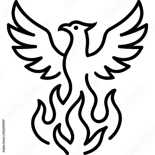 Phoenix rising with spread wings and flames outline icon vector