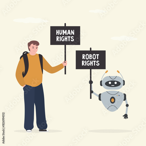 Human rights vs Robot rights. Cartoon characters holding protest signs. Cute chatbot mascot and male character holding placards with text. Social issues.