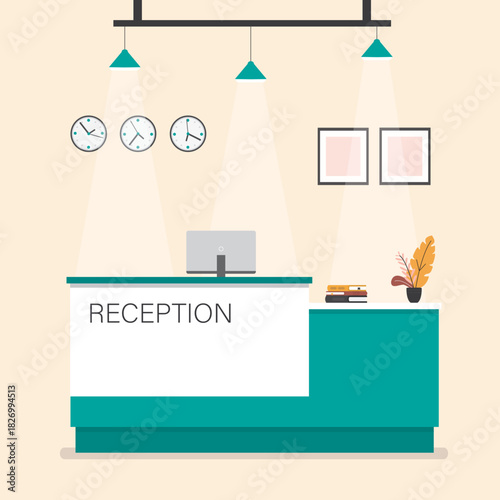 Hotel reception with computer and flower vase on desk, clocks on wall. Modern empty Inn foyer, hall or lobby. Tourism, business trip concept.