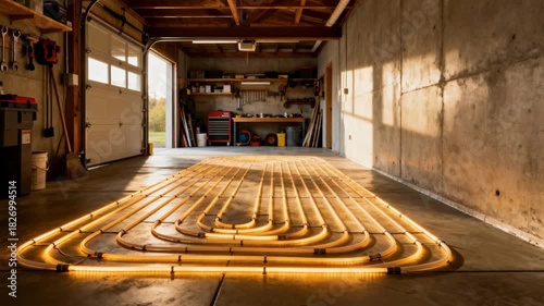 Garage interior captured in a medium shot highlighting radiant heated concrete floors that provide efficient warmth in a typically cold utilitarian area.