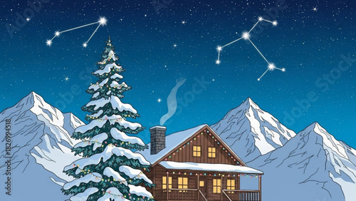 Cozy winter cabin scene under starry night sky, snow-covered mountains, and festive Christmas tree, perfect for holidays, Christmas, or winter backgrounds