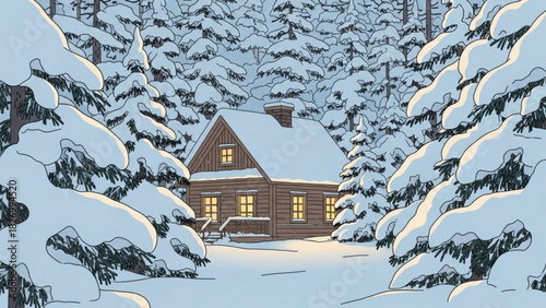 Cozy winter cabin nestled in snowy forest with glowing windows, perfect for holiday cards or winter vacation marketing, offering warmth and tranquility