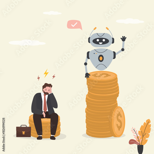 Businessman and robot on stacks of money. Artificial intelligence is more successful than human trader. Advantage of AI bot over an person in making money.