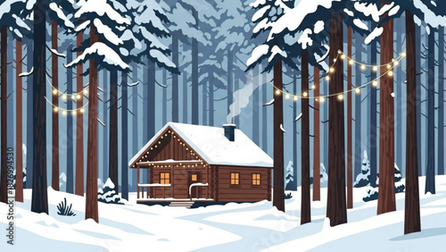 Cozy winter cabin getaway with snow-covered trees and twinkling lights creates a warm, inviting holiday scene perfect for seasonal greeting cards