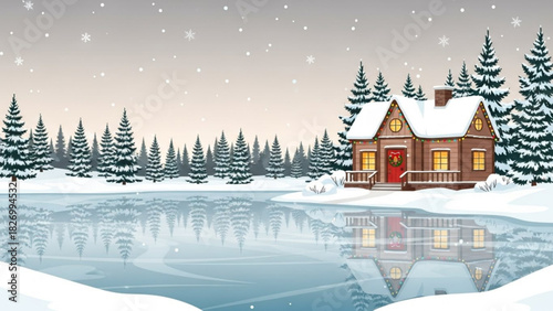 Charming winter cabin retreat reflected in frozen lake, surrounded by snowy pines, evokes holiday warmth and peaceful getaway feeling for seasonal designs