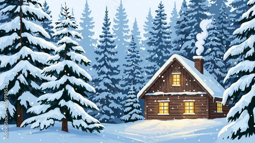 Charming snow-covered cabin nestled among pine trees creates a cozy winter escape, perfect for holiday cards, vacation rentals, and seasonal advertising