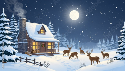 Dreamy winter cabin scene with reindeer under a magical moonlight sky, perfect for holiday greetings, cozy invitations, and festive design projects