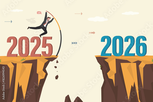 Confident businessman pole vault jumping cross over cliff year gap. Overcome obstacles in 2025 and starting successful 2026 year. Reach business success, challenge for leader,