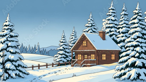 Charming snow-covered cabin nestled in a serene winter wonderland, evoking feelings of warmth and cozy holiday getaways, perfect for seasonal greetings