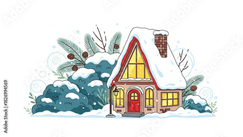 Charming snow covered cottage nestled among winter foliage, radiates warm holiday cheer, perfect for seasonal greetings and festive designs, originally vector