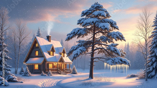Cozy winter cottage scene evokes feelings of warmth and comfort during the holiday season, with snow covered trees and a peaceful, serene atmosphere