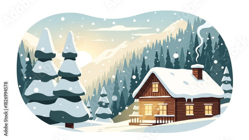 Cozy cabin nestled in snowy mountains, a winter wonderland scene evoking peace and serenity, ideal for holiday greetings and seasonal promotions