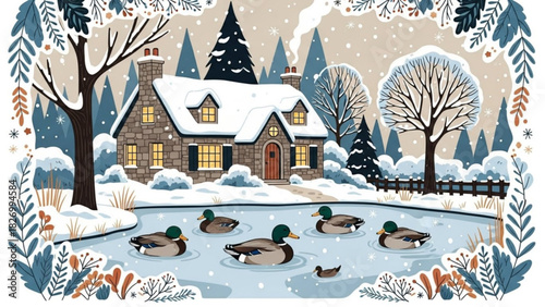 Charming winter scene features ducks swimming in a pond near a snow covered cottage, perfect for holiday cards and seasonal designs, vector origin