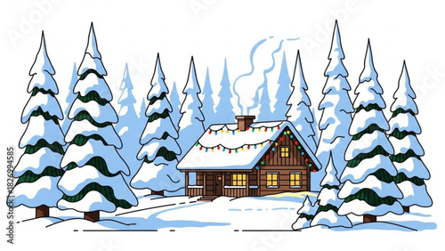 Cozy winter cabin nestled among snow covered pine trees adorned with colorful lights, perfect for holiday greeting cards and festive designs this season