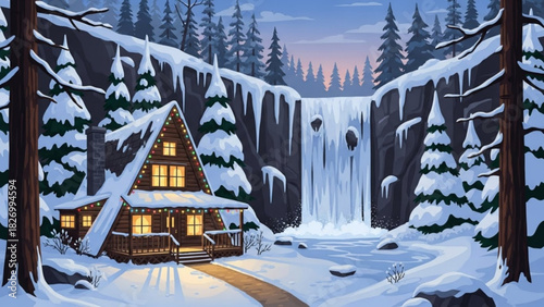 Enchanting winter cabin getaway with cascading waterfall, framed by snow-laden pines, perfect for cozy holidays and tranquil winter escapes