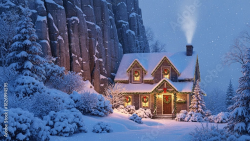 Cozy Christmas cottage nestled in snowy landscape, adorned with festive wreaths and sparkling lights, evoking holiday cheer and peaceful winter vibes