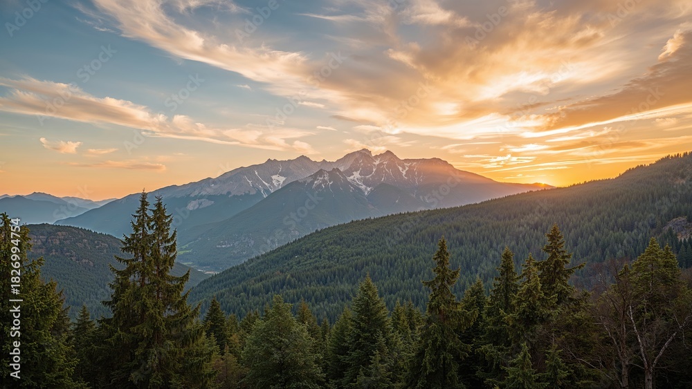 Fototapeta premium Scenic mountain landscape during sunset with dense forest in the foreground and mountains in the background. Nature and sunset scene.