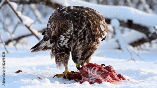 Buzzard Eating Meat on Snowy Ground Near Trees in Winter Sunlight