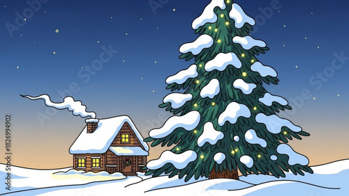 Cozy winter cabin scene with snow-covered Christmas tree under starry night sky, perfect for holiday cards and festive designs with a touch of whimsical charm