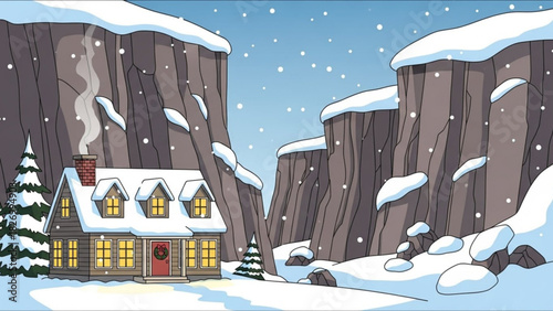 Cozy cabin glows warmly in winter wonderland, perfect for holiday cards or festive designs evoking peace and serenity, celebrating Christmas spirit