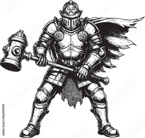 Illustrative Knight Holding Hydrant Hammer in Black and White Sketch Style Heavy Armor and Ripped Cape
